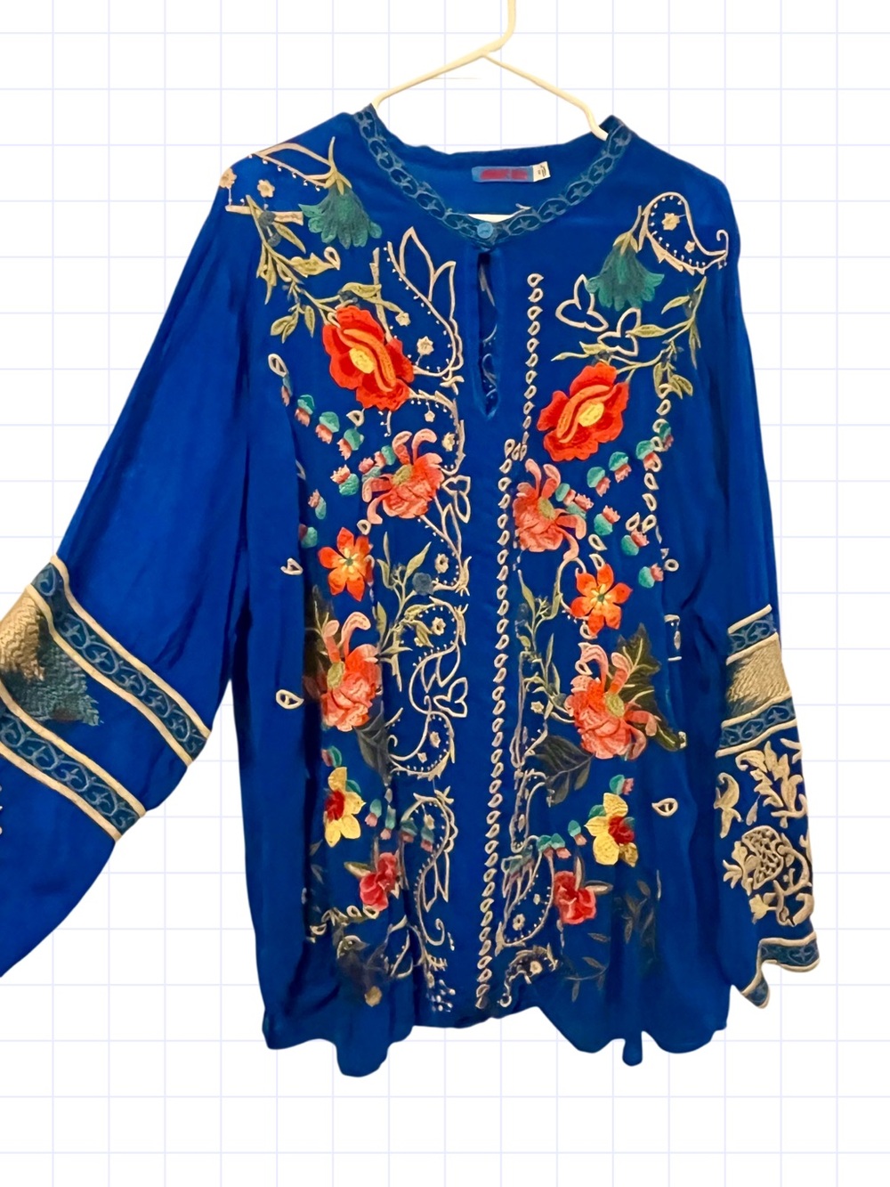 Johnny Was Embroidered Floral Boho Blouse - Blue